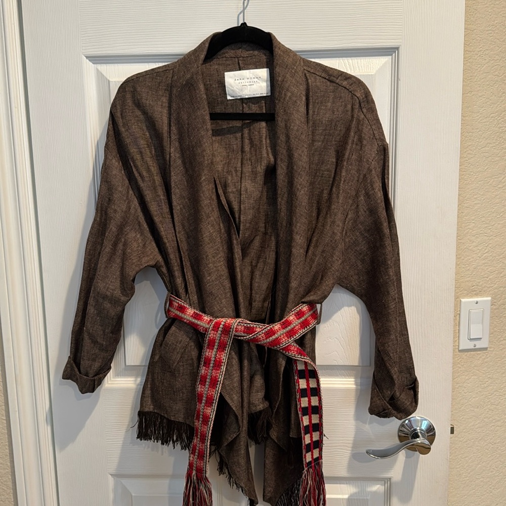 Zara Women’s Midwieght Linen Fringed Belted Cardi w/Pockets Size xs-s